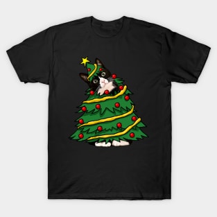 Tuxedo Cat Christmas Tree Funny Xmas Cat Lover T-Shirt